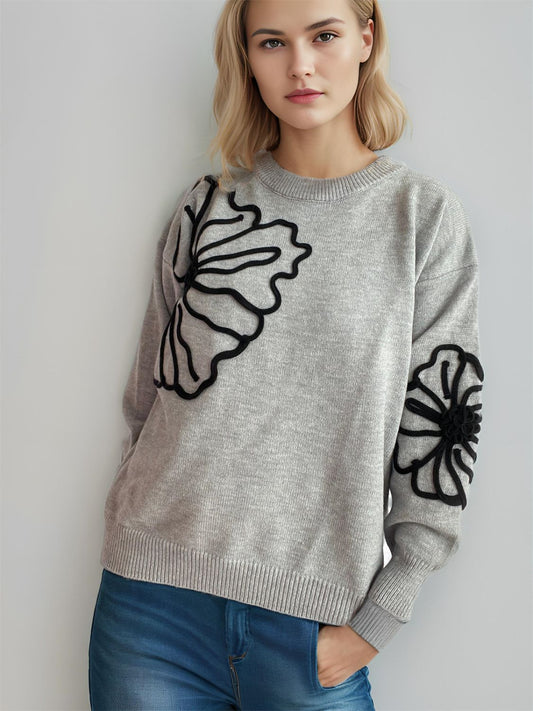 Chic Flower Round Neck Long Sleeve Sweater