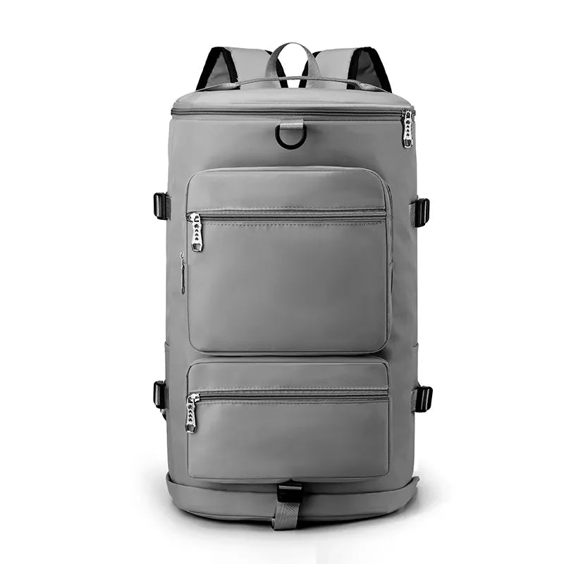 Gray backpack with multiple zippers on a white background