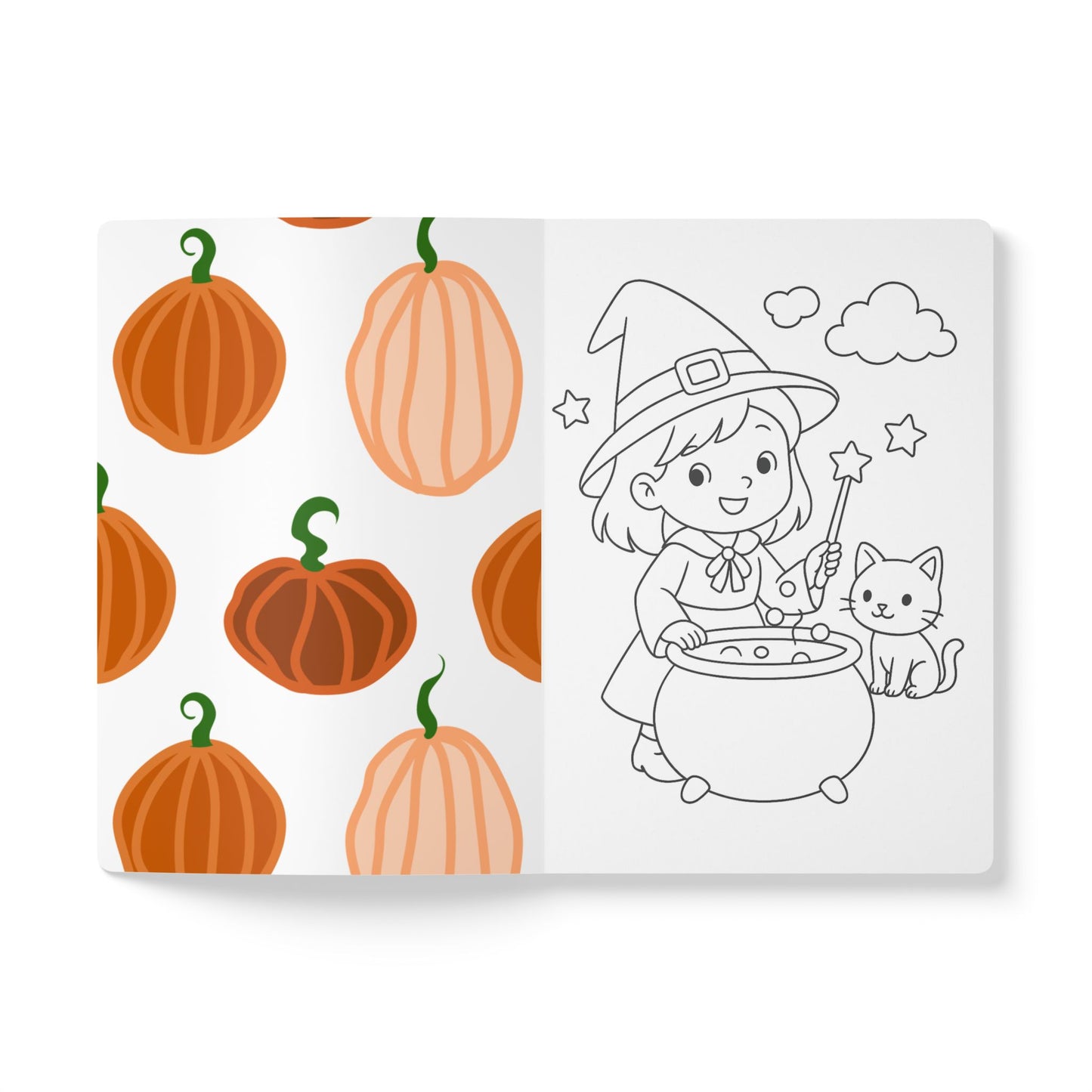 Coloring book with pumpkins on one side and a witch and cat illustration on the other, on a white background.