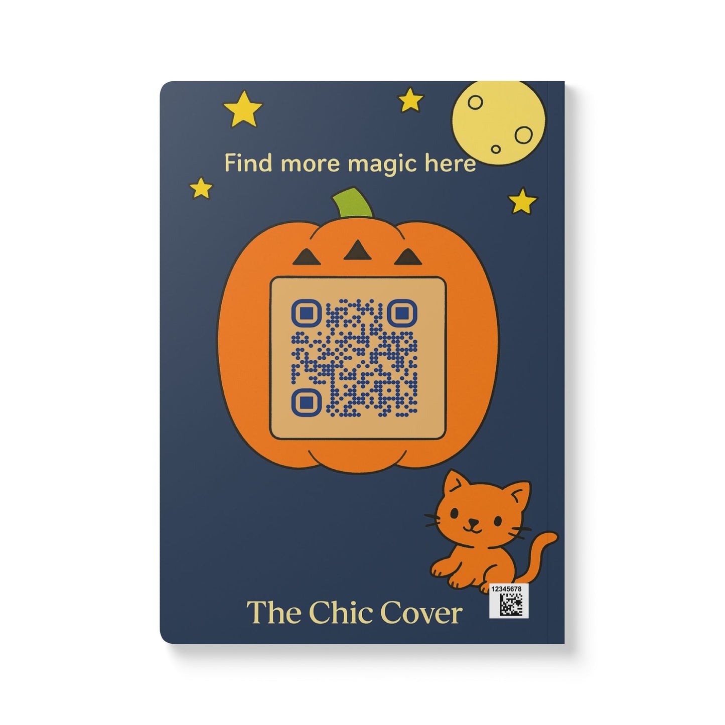Notebook cover with a pumpkin and QR code on a dark blue background, featuring 'The Chic Cover' branding.