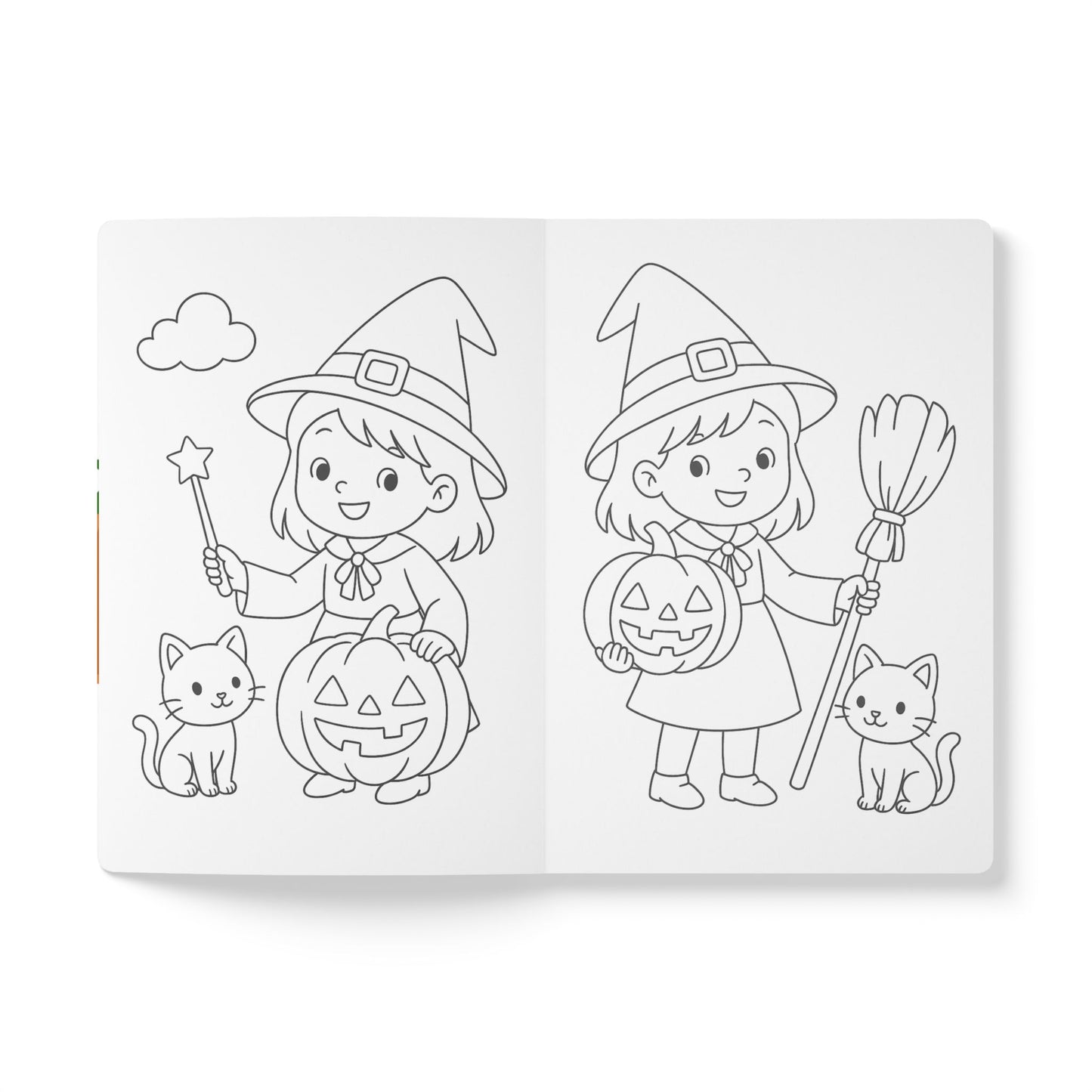 Coloring book page with two Halloween-themed illustrations of children in costumes, pumpkins, and cats.