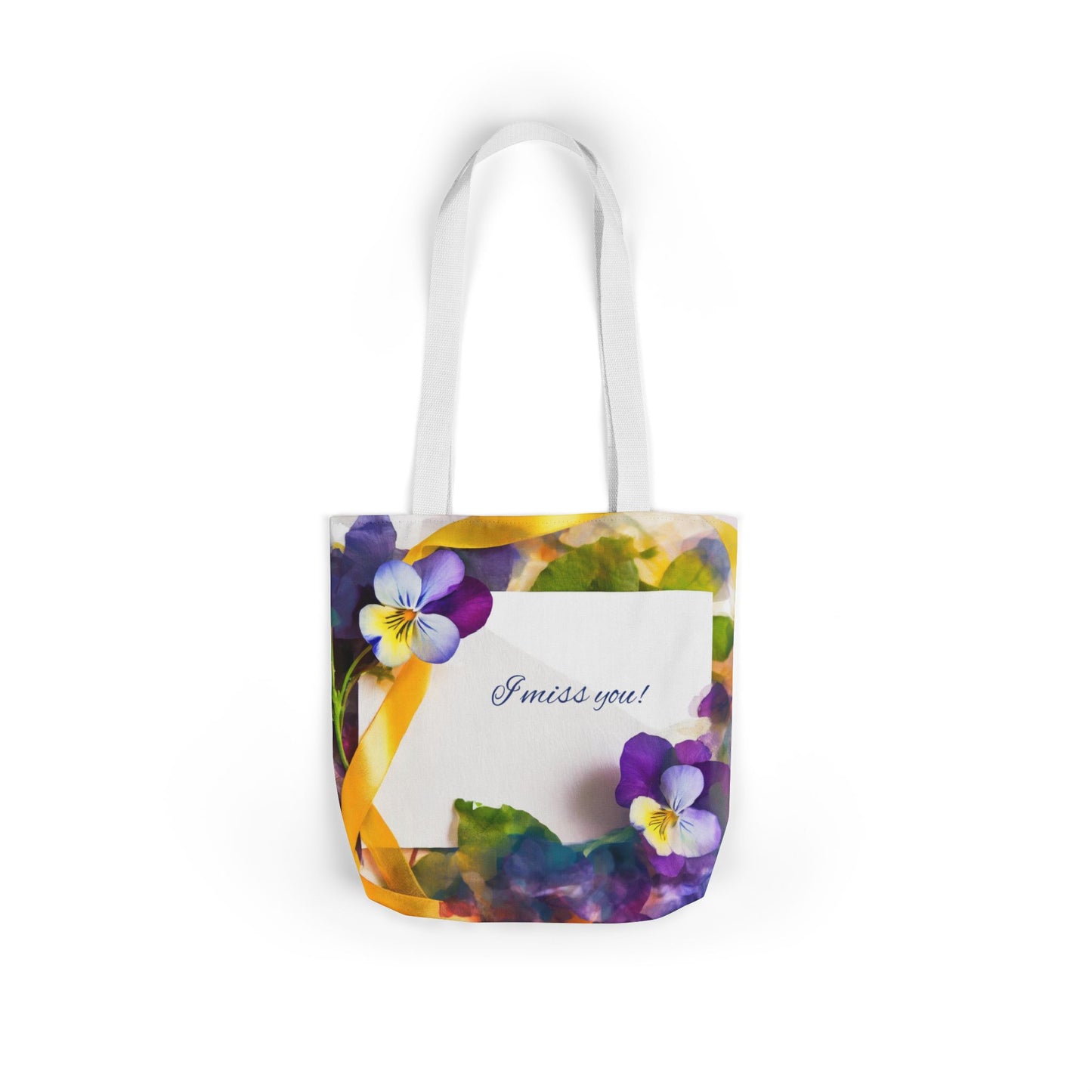 Floral Canvas Tote Bag: Pansies & 'I Miss You' Note