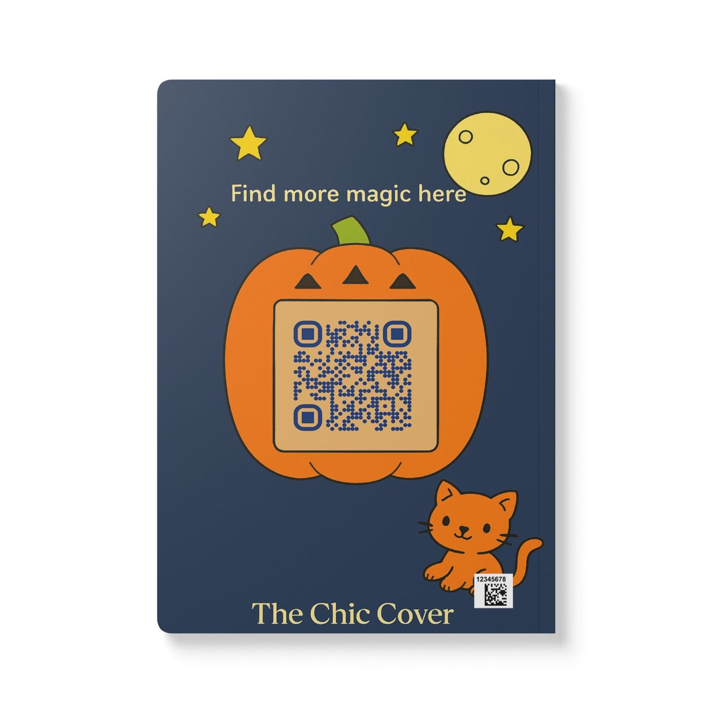 Book cover with a pumpkin and QR code on a blue background, featuring 'The Chic Cover' branding.