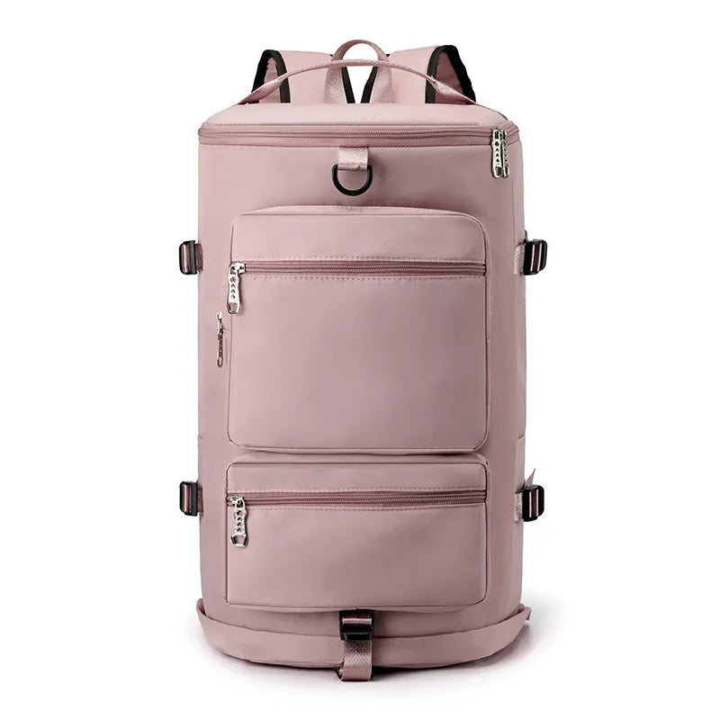 Pink backpack with multiple zippers on a white background