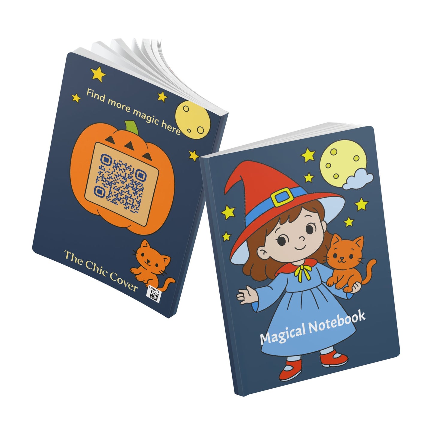 Children's notebook with a witch and cat design on a blue cover
