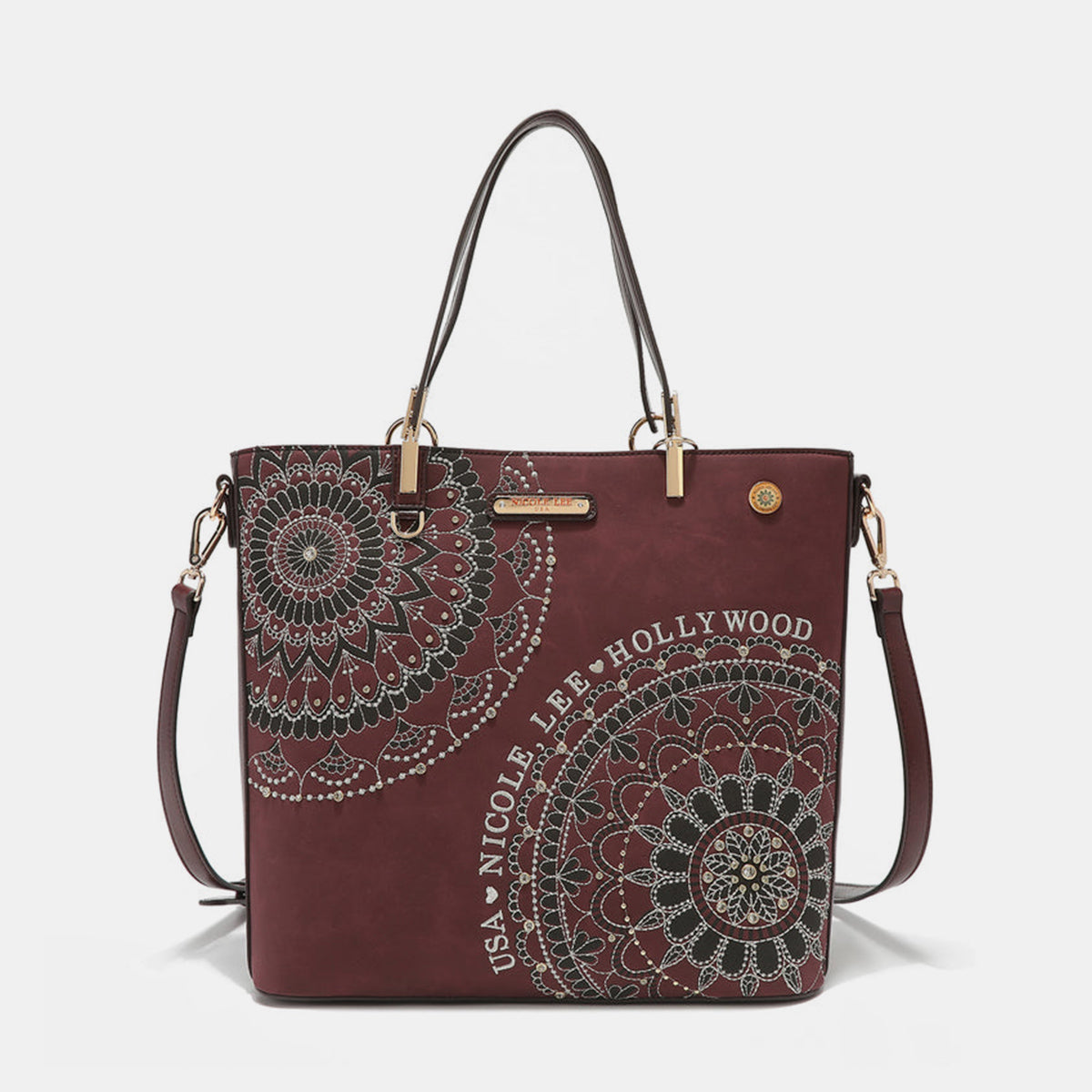 Nicole Lee USA Nikky Metallic Stitching Embroidery Inlaid Rhinestone Tote Bag