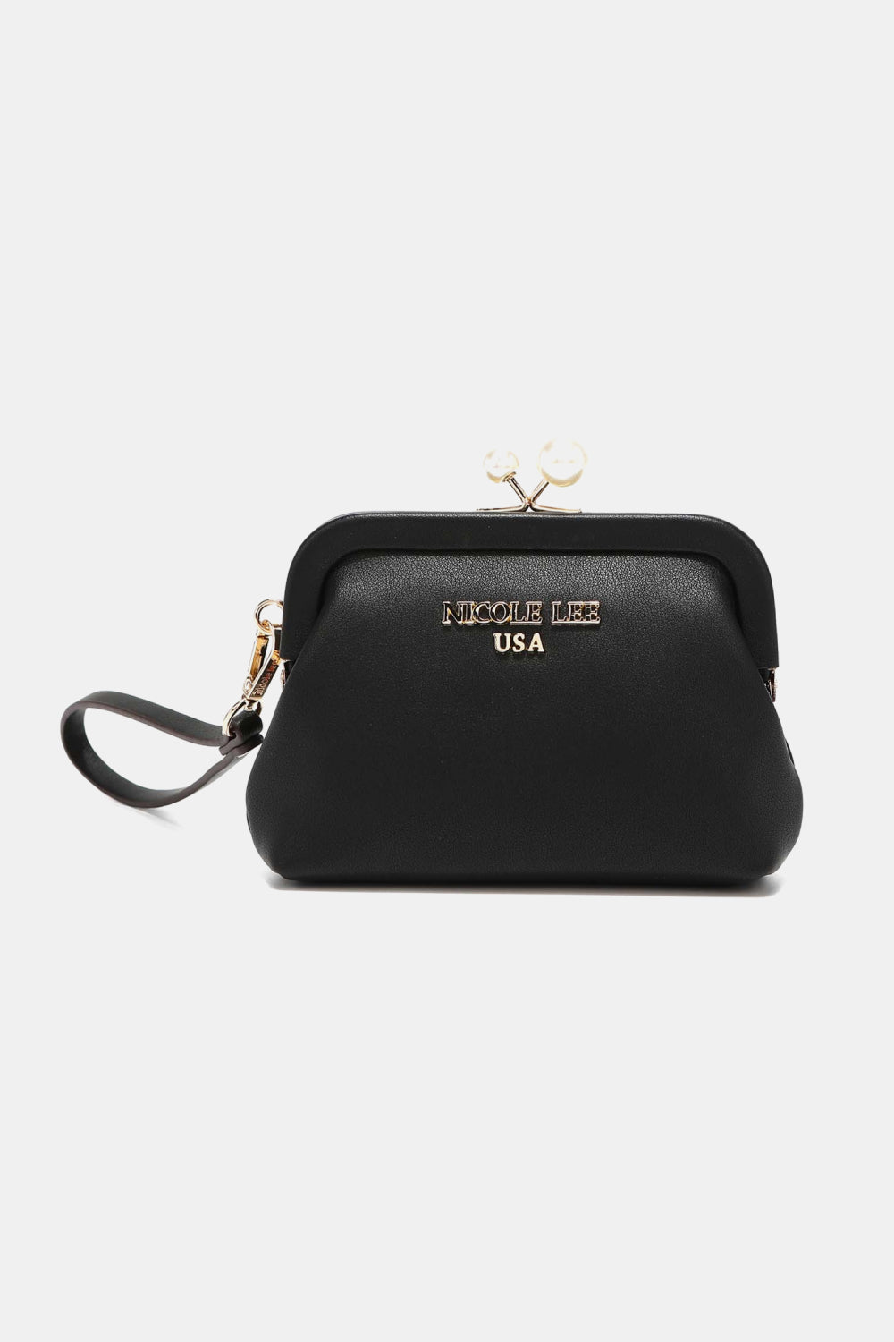 Black handbag with gold clasp and 'Nicole Lee USA' branding on a white background