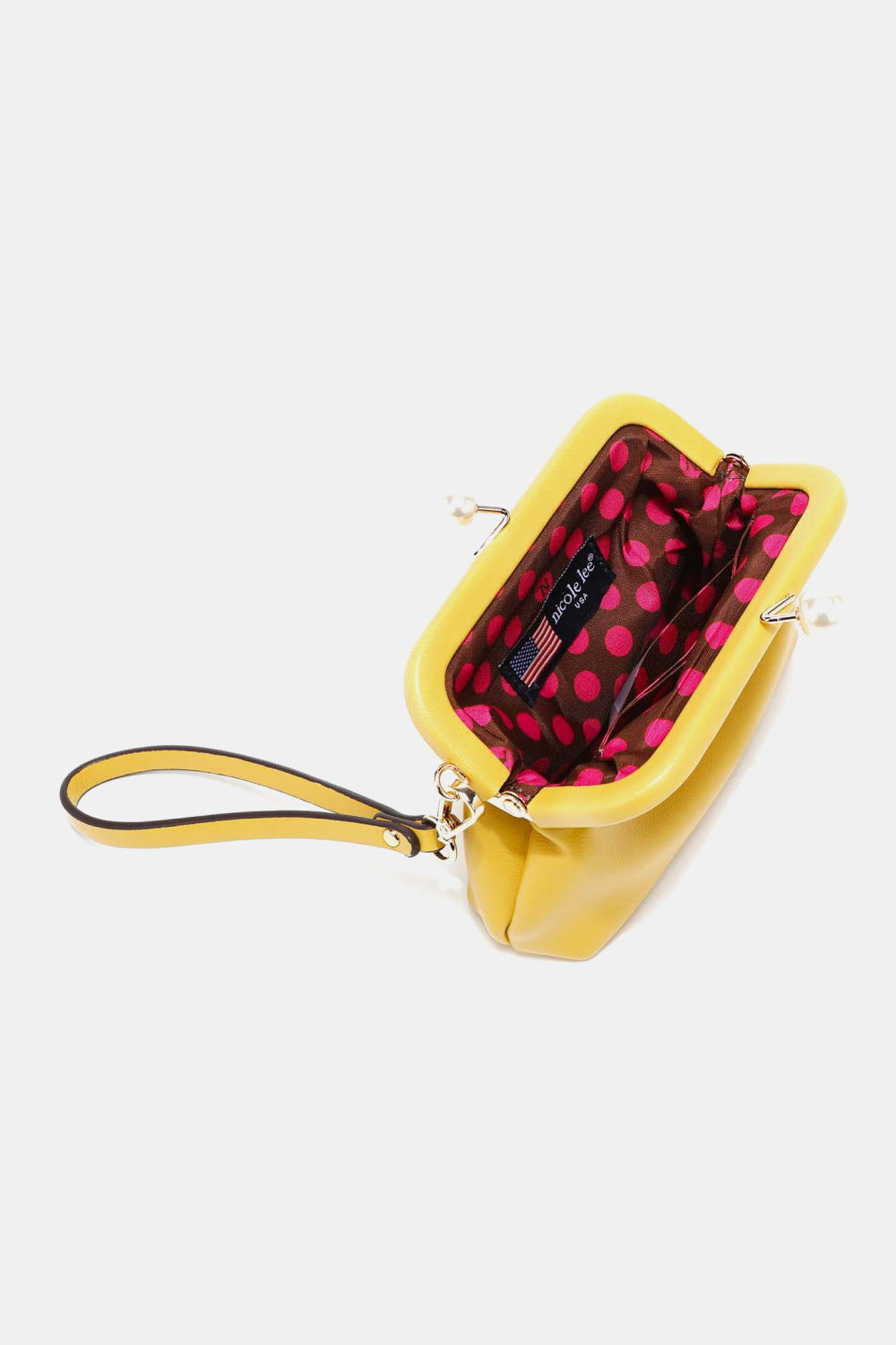 Yellow handbag with a pink interior on a white background