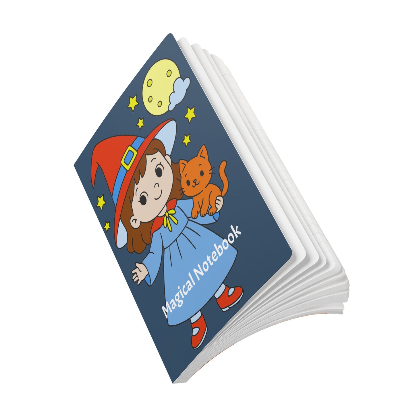 Stack of notebooks with a wizard and cat illustration on the cover