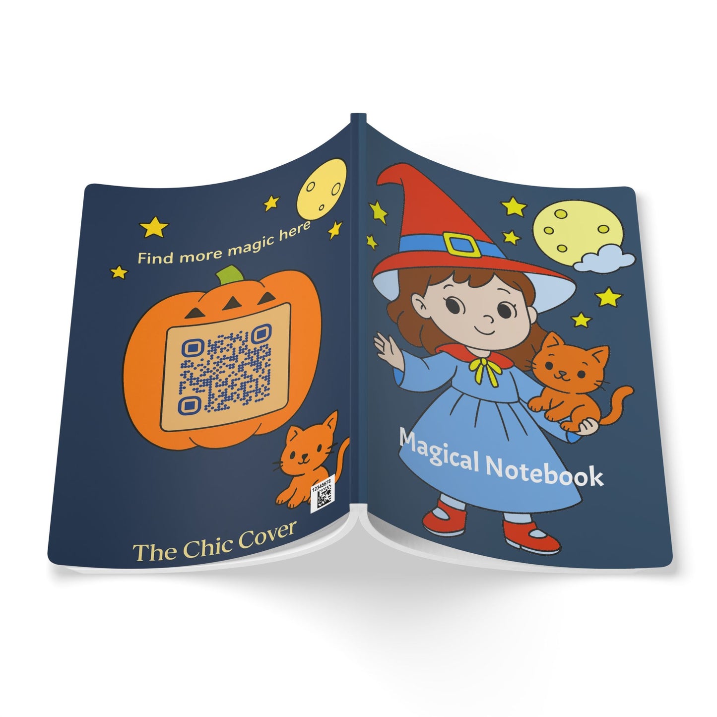Open notebook with a witch and cat illustration on a blue cover, featuring a QR code.