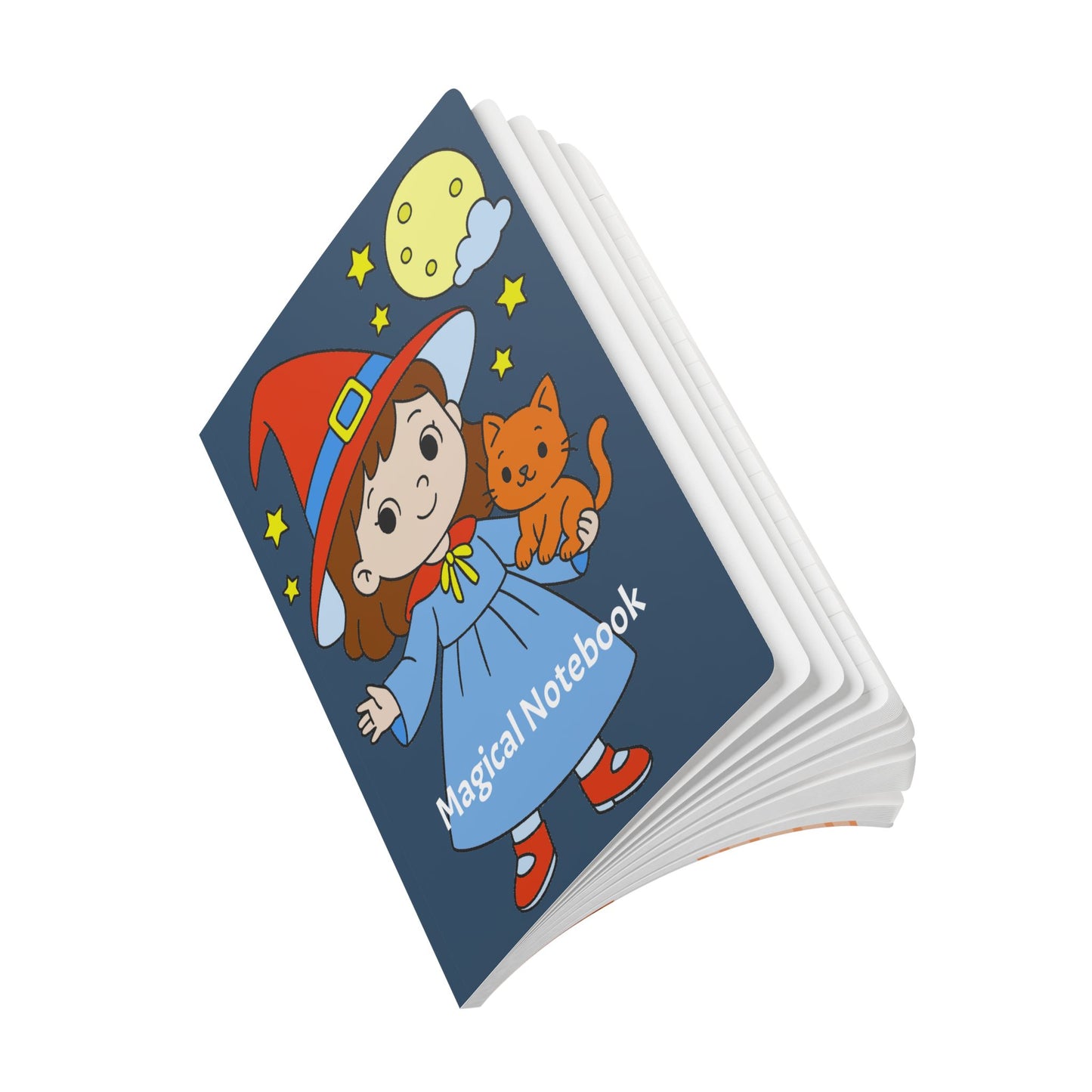 Children's notebook with a witch and cat design on a white background