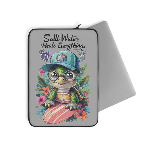 Laptop sleeve with a turtle design and text on a white background