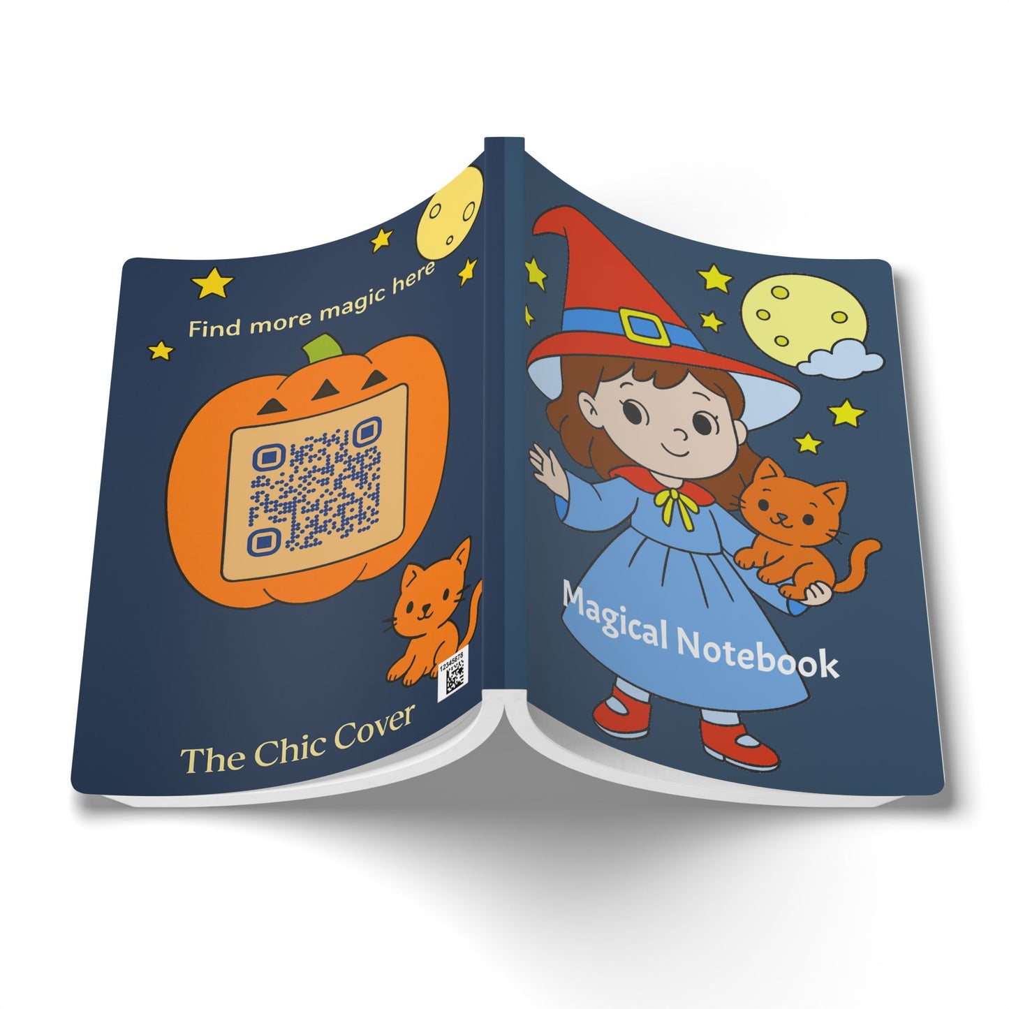 Open notebook with Halloween-themed cover featuring a witch, cats, and a pumpkin with a QR code.