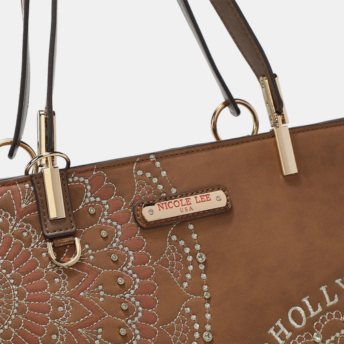 Nicole Lee USA Nikky Metallic Stitching Embroidery Inlaid Rhinestone Tote Bag