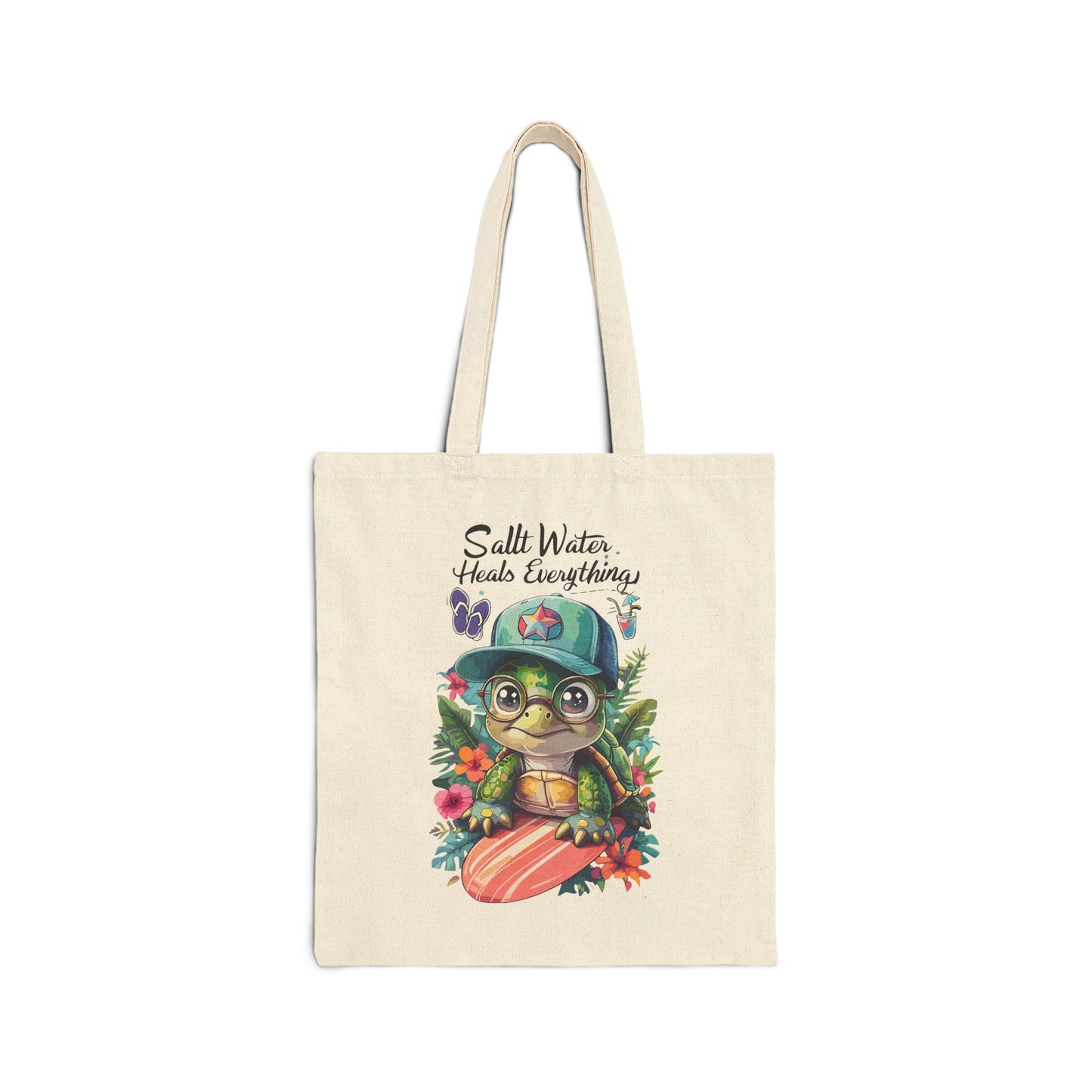 Cute Turtle Design Cotton Canvas Tote Bag - Salt Water Heals Everything