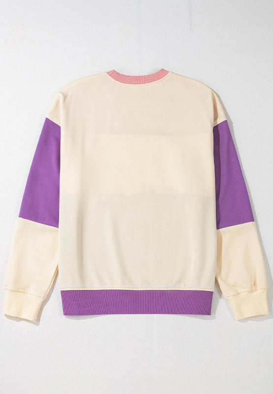 Lavender Contrast Round Neck Long Sleeve Sweatshirt