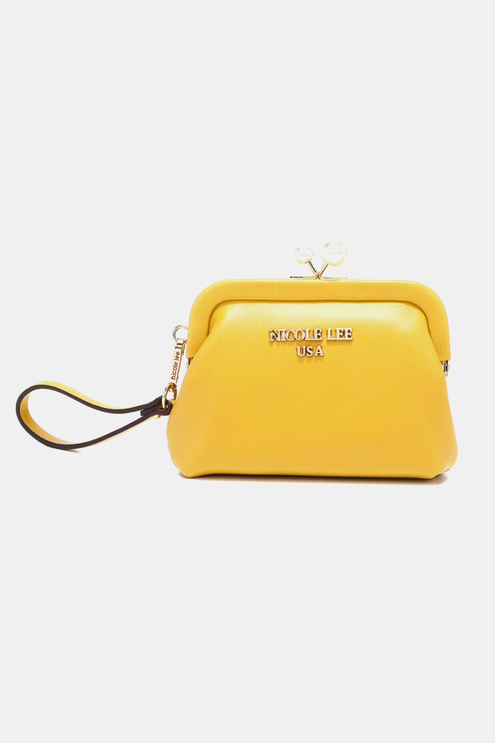 Yellow handbag with 'Nicole Lee USA' branding on a white background