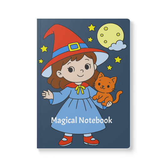Notebook cover with a cartoon girl in a witch hat and dress holding a cat, against a night sky with stars and moon.