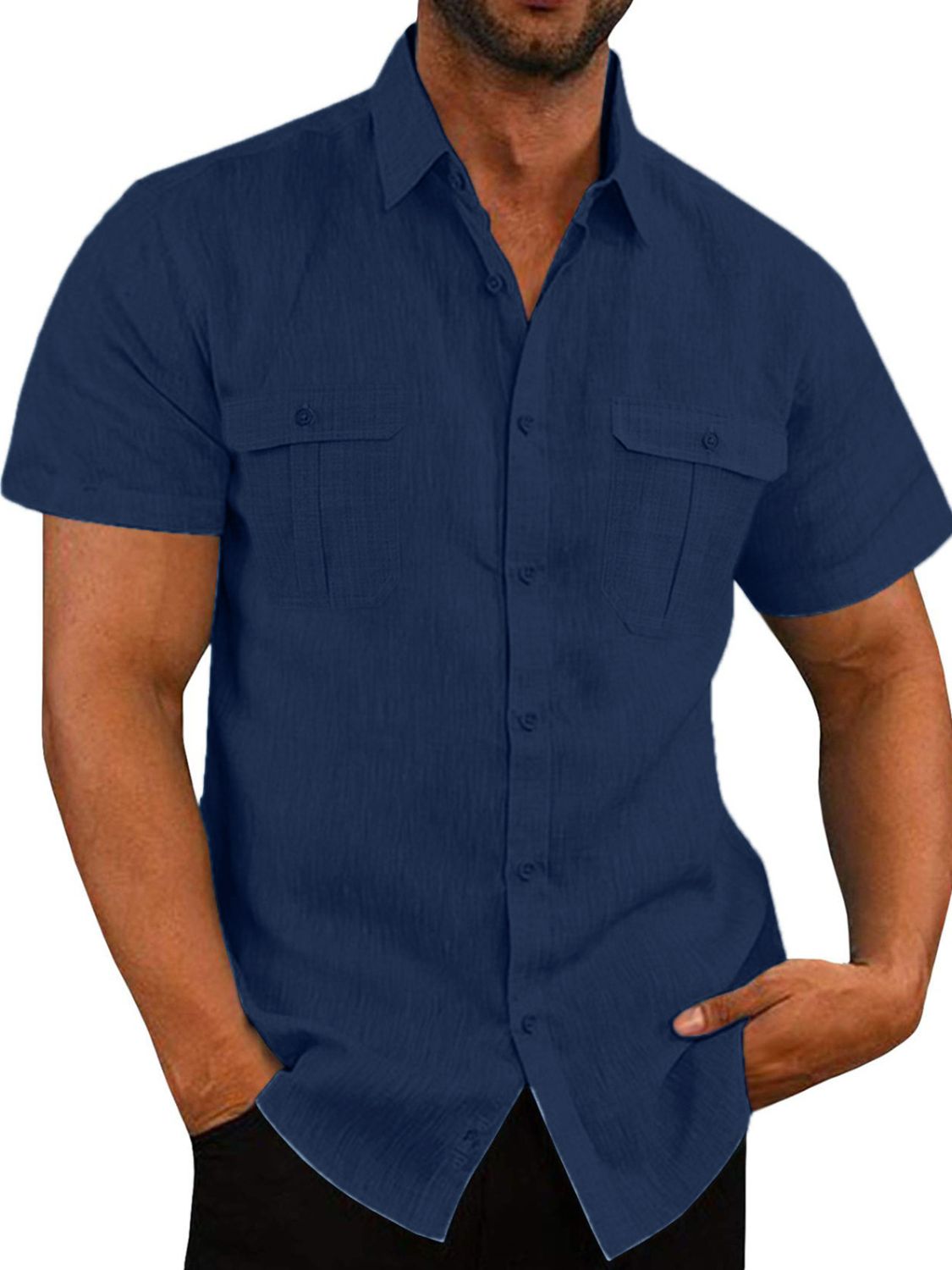A man wearing a short sleeve collared neck shirt in gray color.