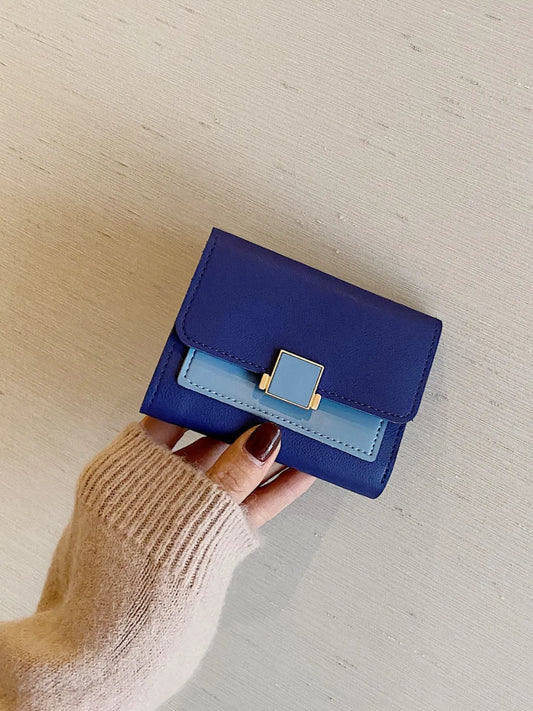 Hand holding a blue wallet against a neutral background