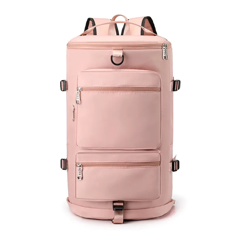 Pink backpack with multiple zippers on a white background