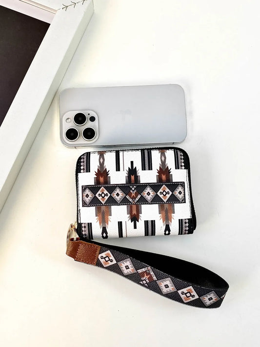 Phone case with geometric pattern and strap on a white surface