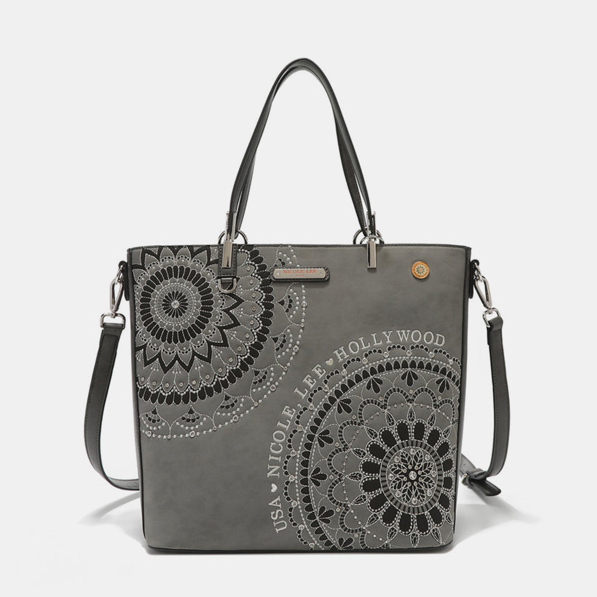 Nicole Lee USA Nikky Metallic Stitching Embroidery Inlaid Rhinestone Tote Bag