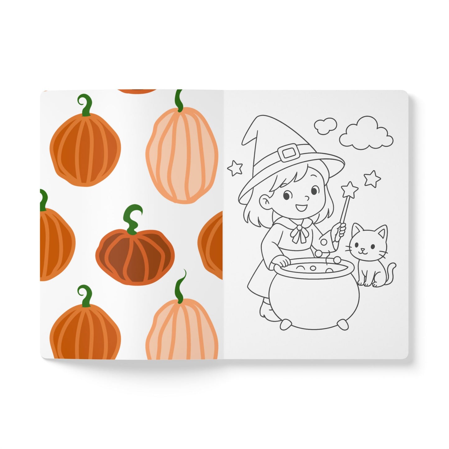 Coloring book page with pumpkins on one side and a witch and cat illustration on the other, on a white background.