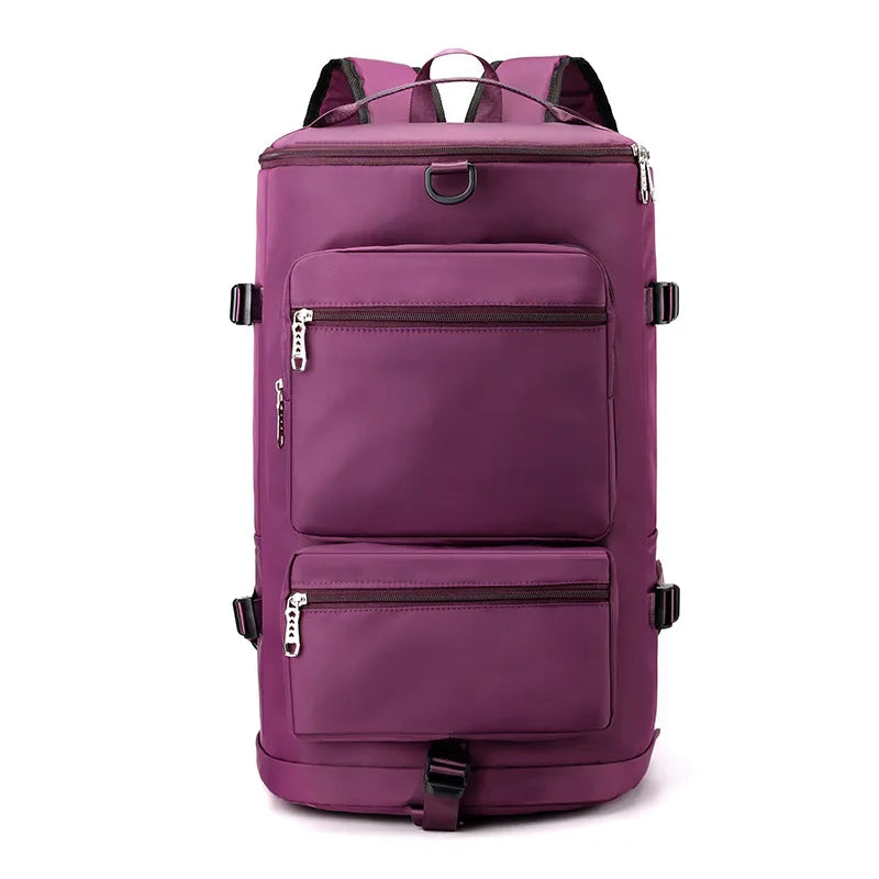 Purple suitcase with backpack straps on a white background