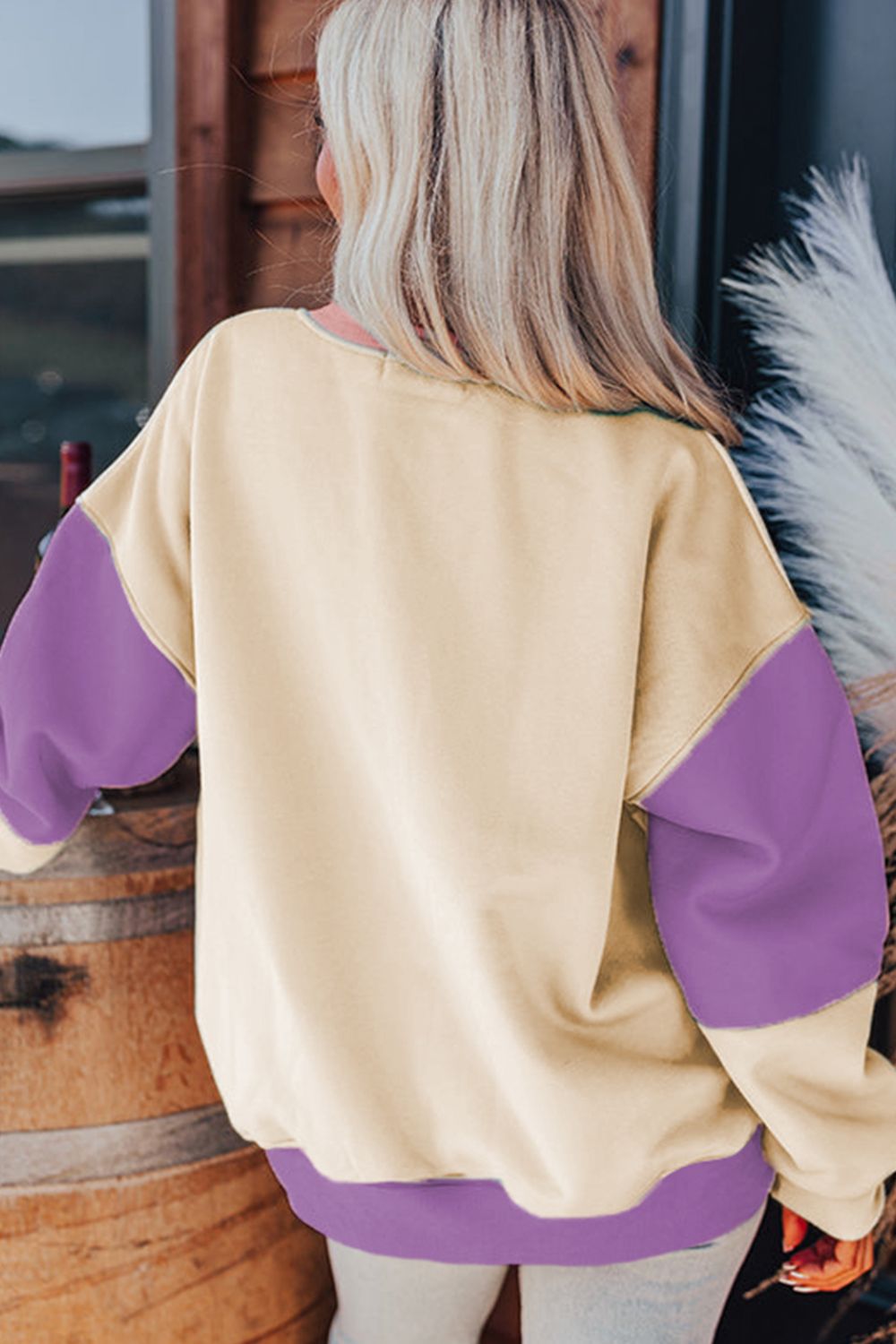 Lavender Contrast Round Neck Long Sleeve Sweatshirt