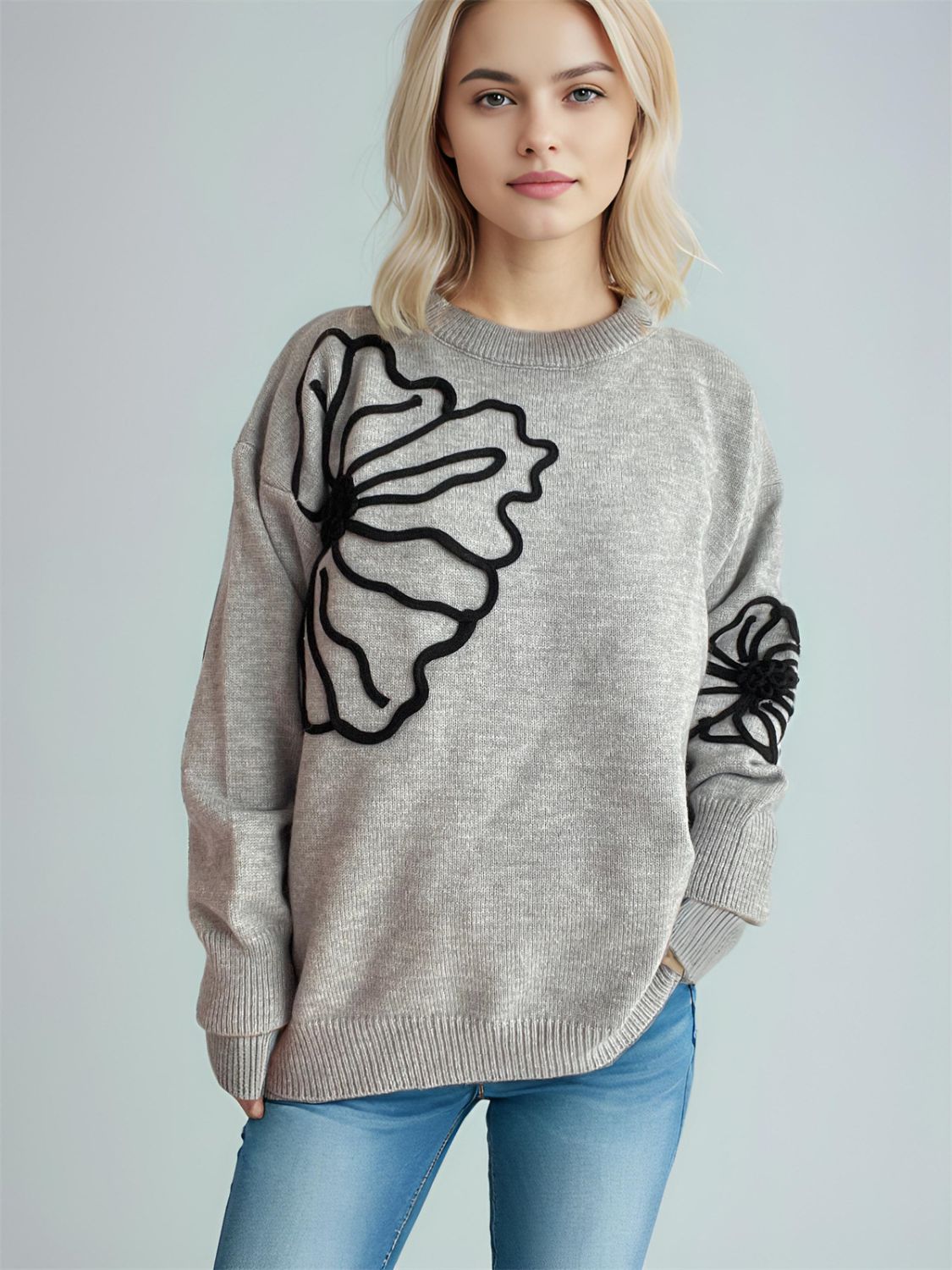 Chic Flower Round Neck Long Sleeve Sweater
