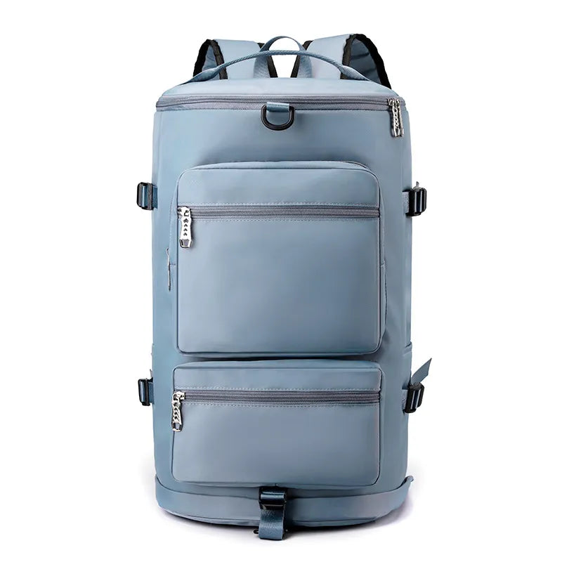 Light blue backpack with multiple zippers on a white background