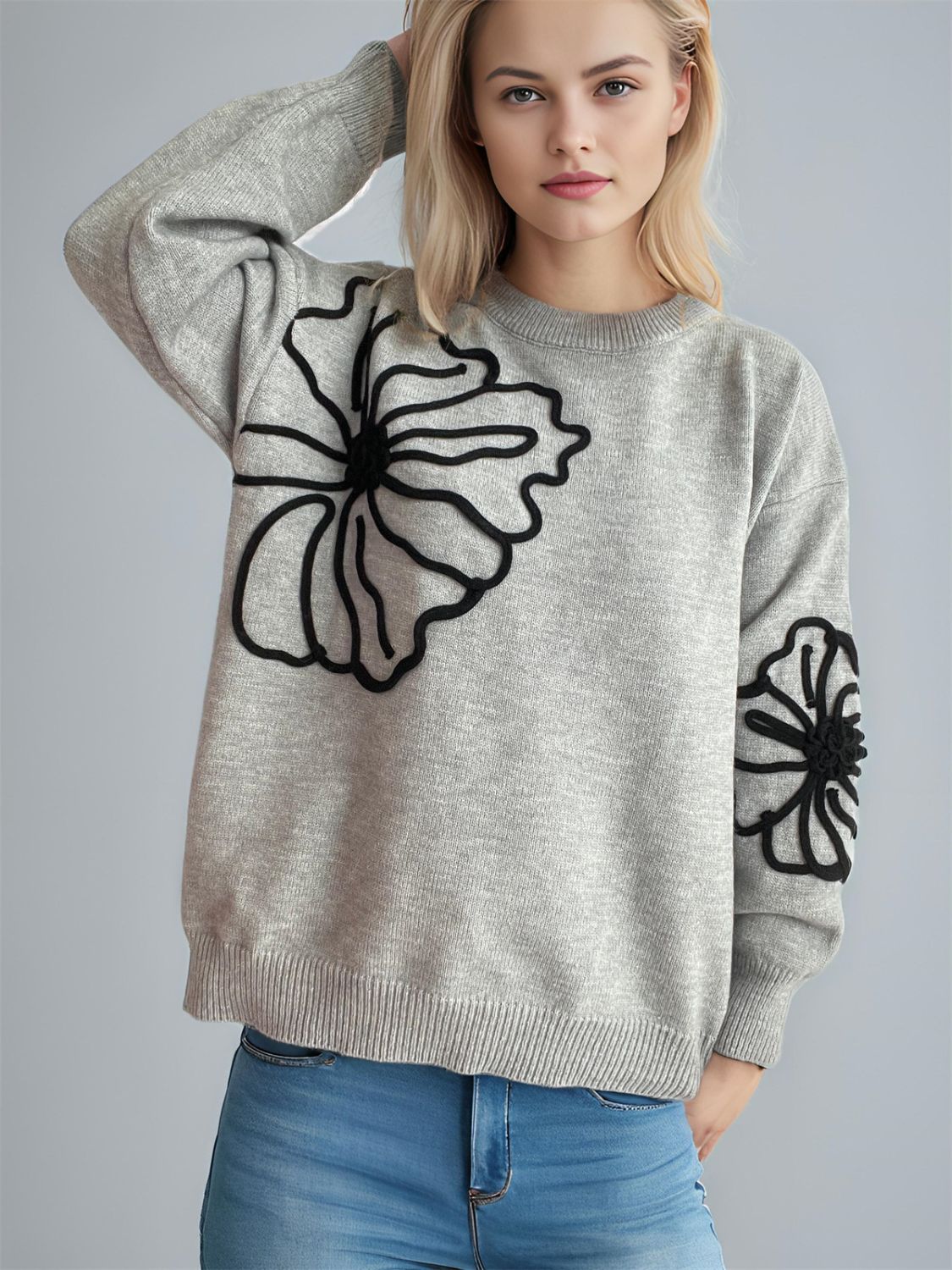 Chic Flower Round Neck Long Sleeve Sweater