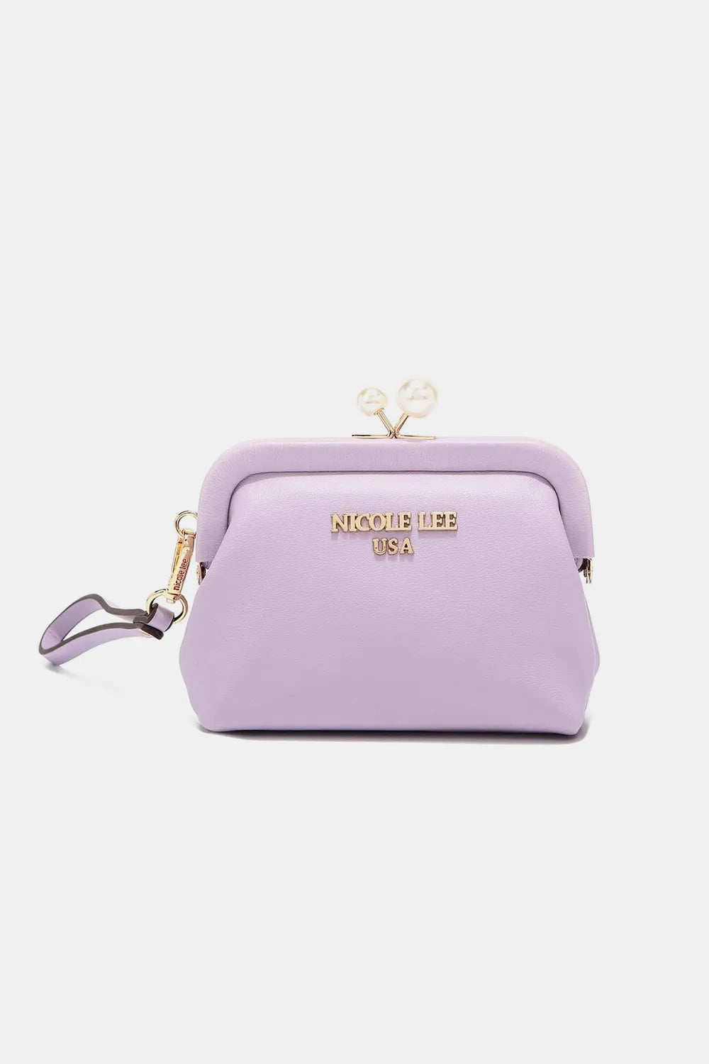 Purple handbag with gold clasp and 'Nicole Lee' branding on a white background
