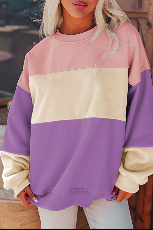 Lavender Contrast Round Neck Long Sleeve Sweatshirt
