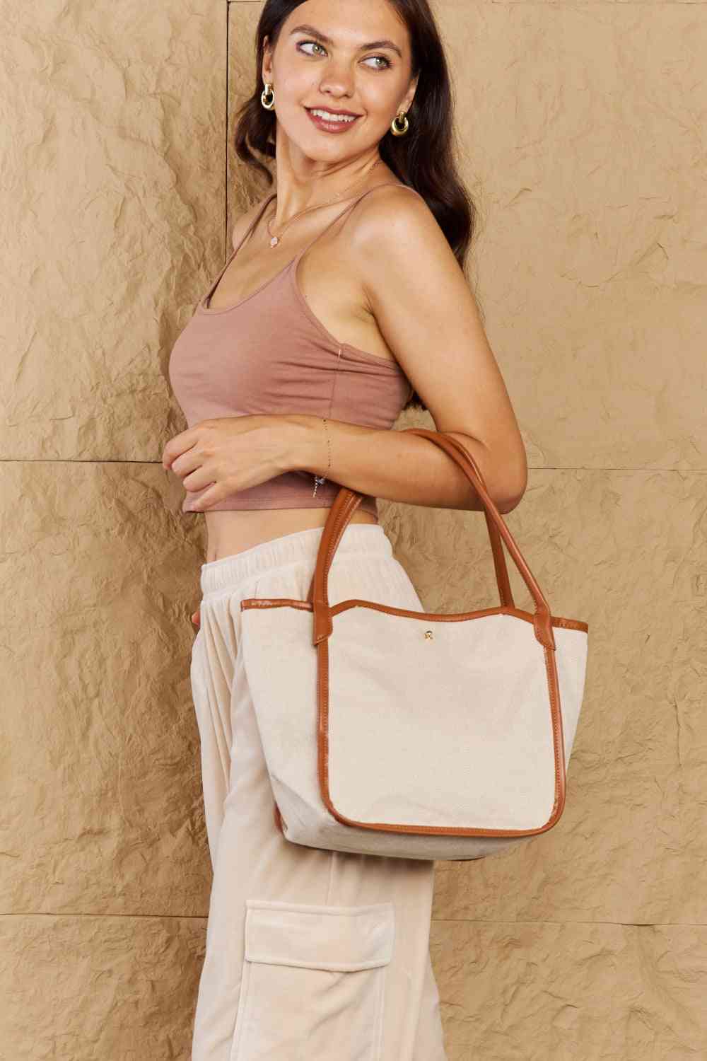 F. Beach Chic Faux Leather Trim Tote Bag in Ochre