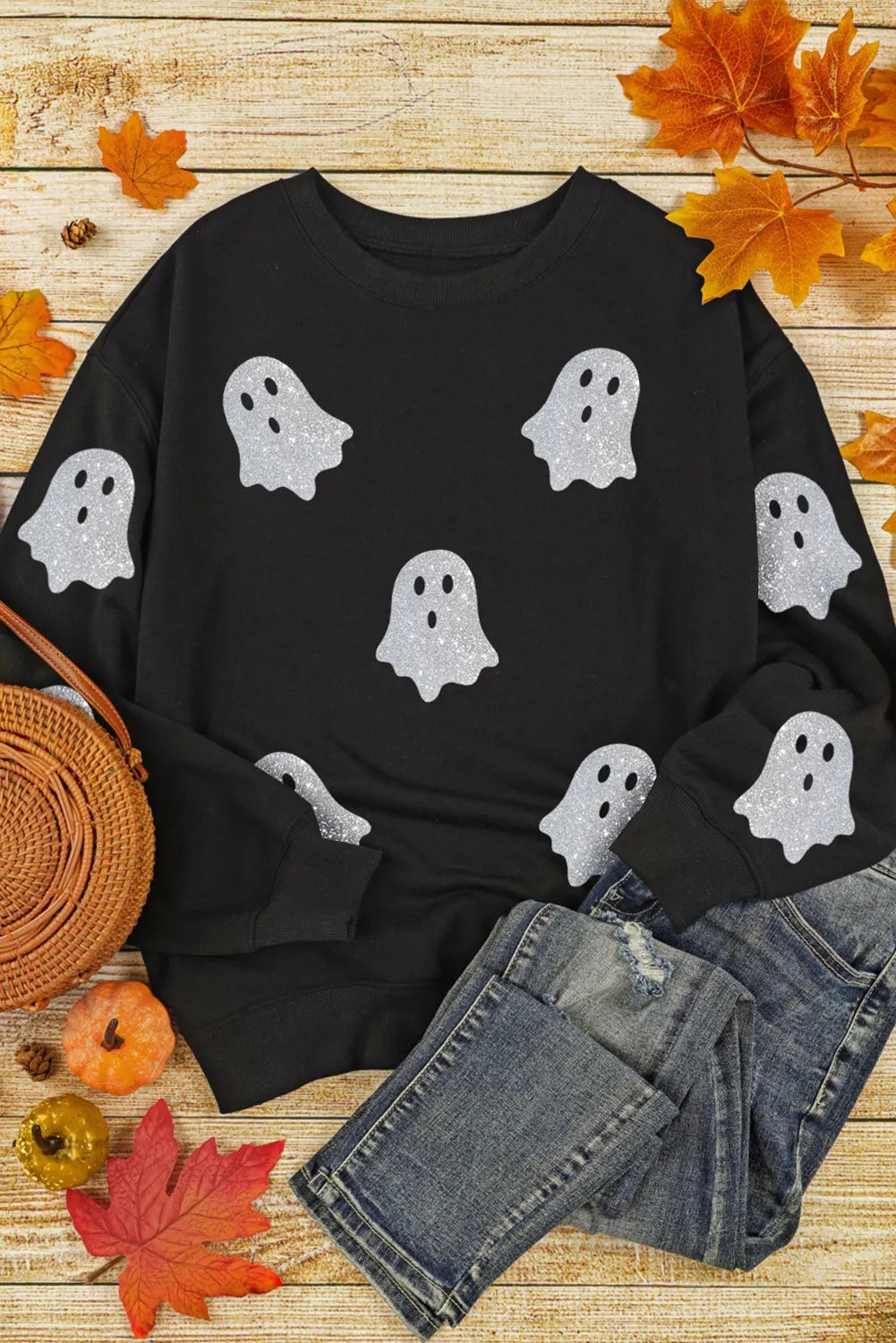 Glitter Ghosts Round Neck Long Sleeve Sweatshirt