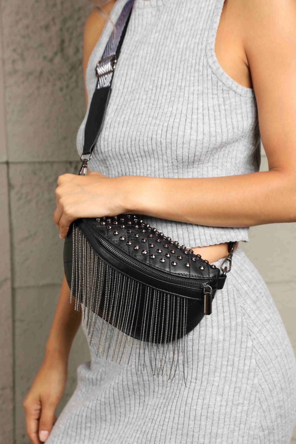 PU Leather Chic Studded Sling Bag with Fringes