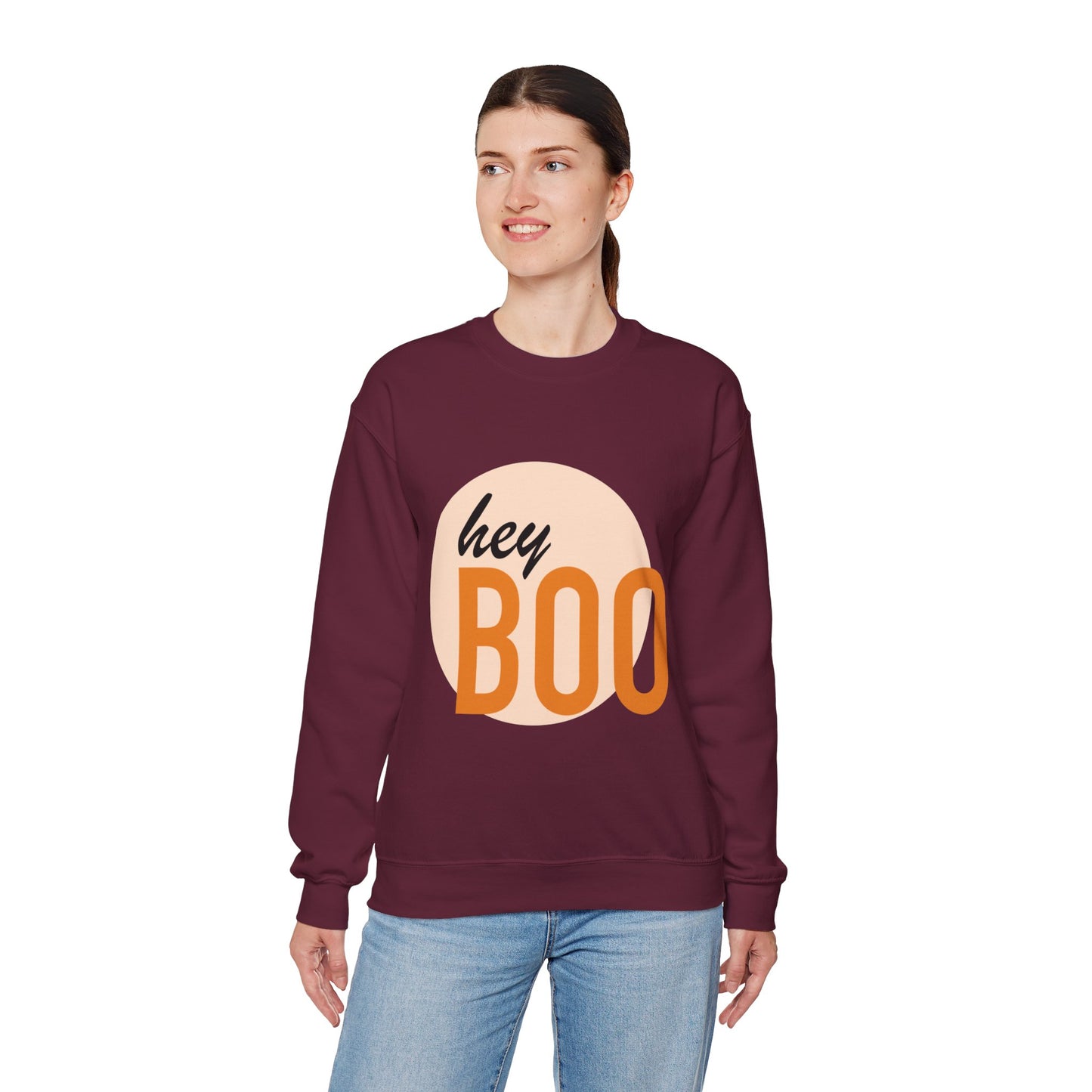 Hey Boo Halloween Print Chic Unisex Heavy Blend™ Crewneck Sweatshirt