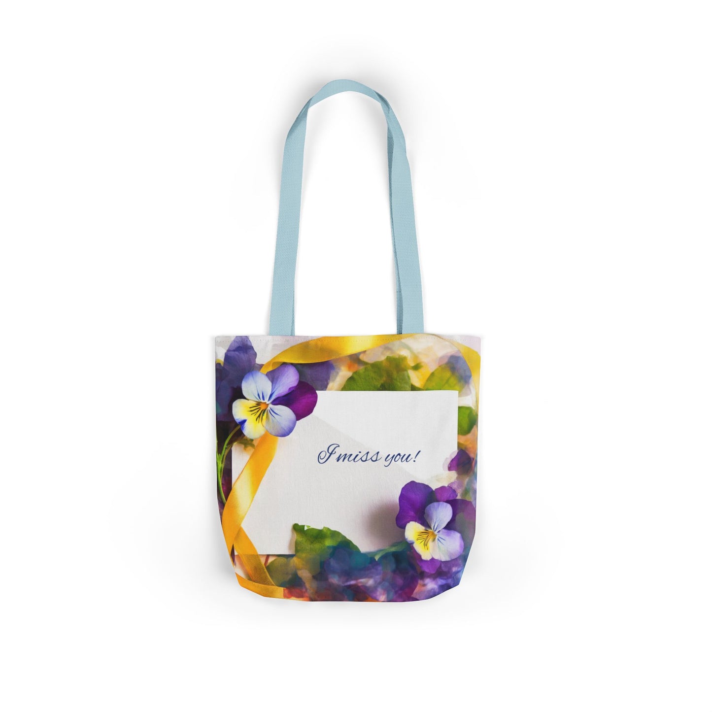 Floral Canvas Tote Bag: Pansies & 'I Miss You' Note