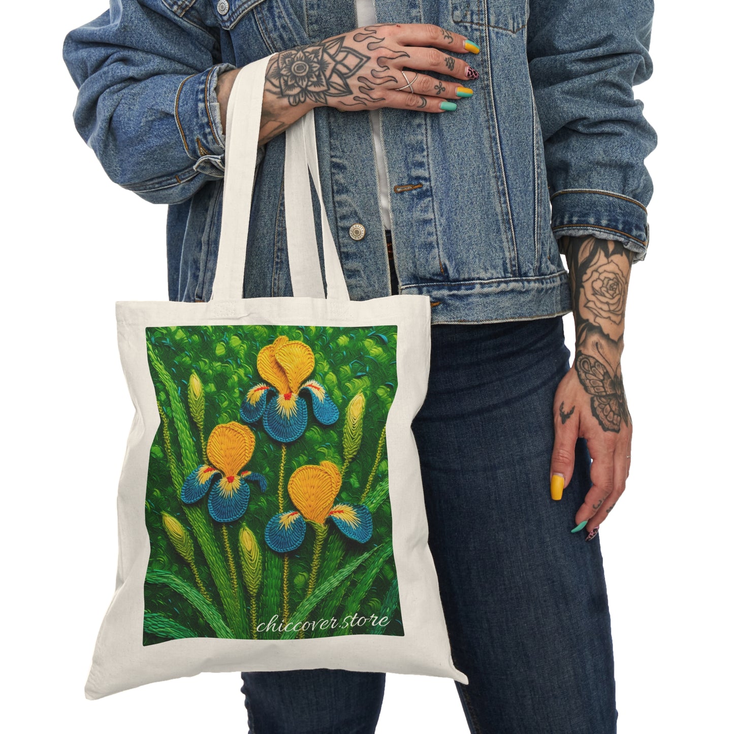 Knitted Yellow-Blue Irises Natural Tote Bag