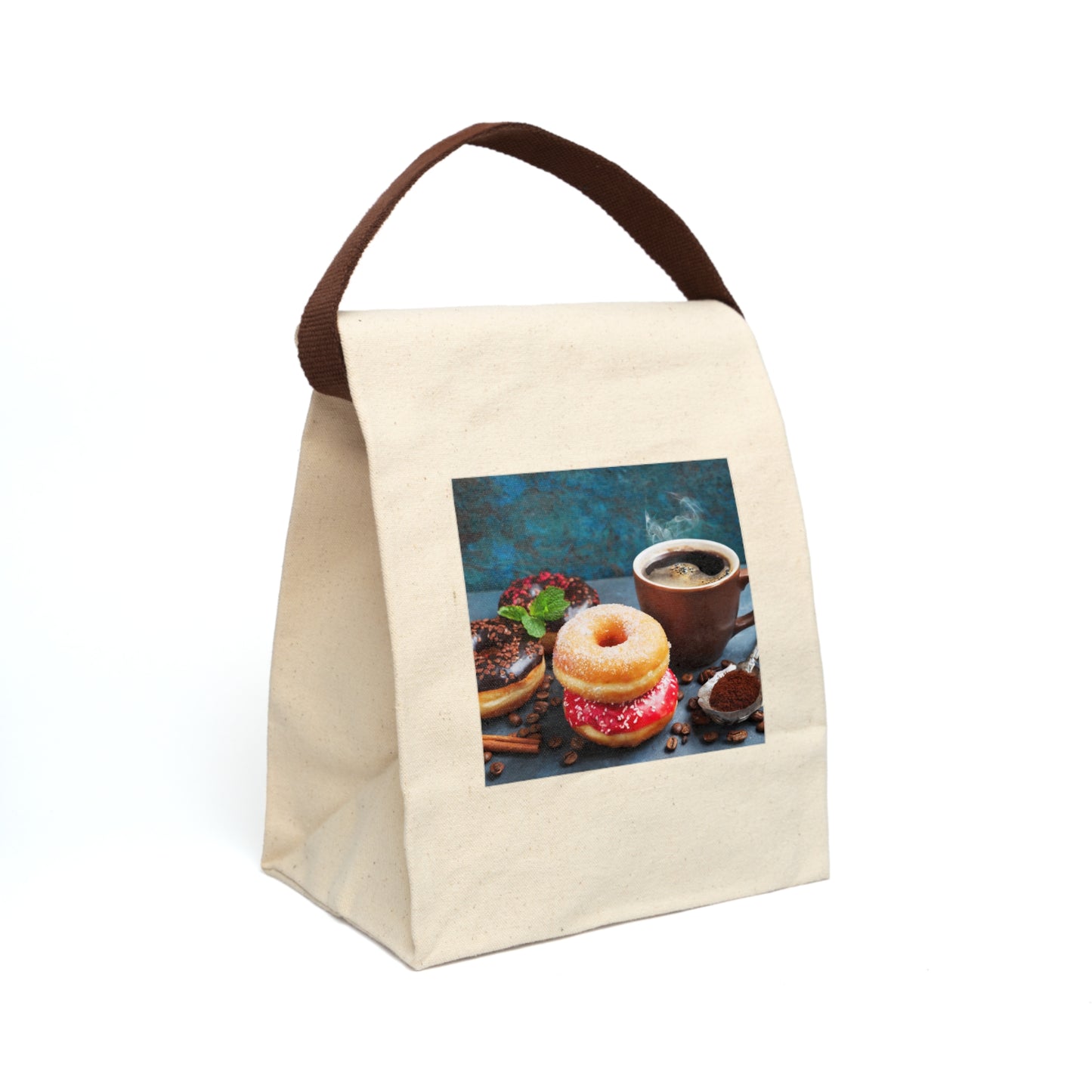 Coffee With Donuts Print Cotton Canvas Lunch Bag With Strap