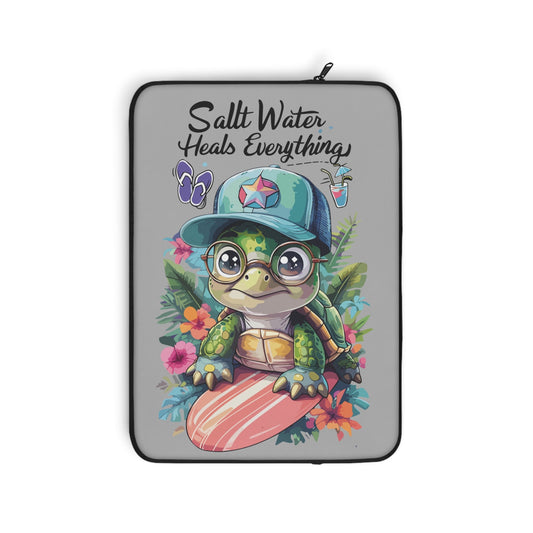 Laptop sleeve with a colorful design of a turtle and floral elements on a gray background