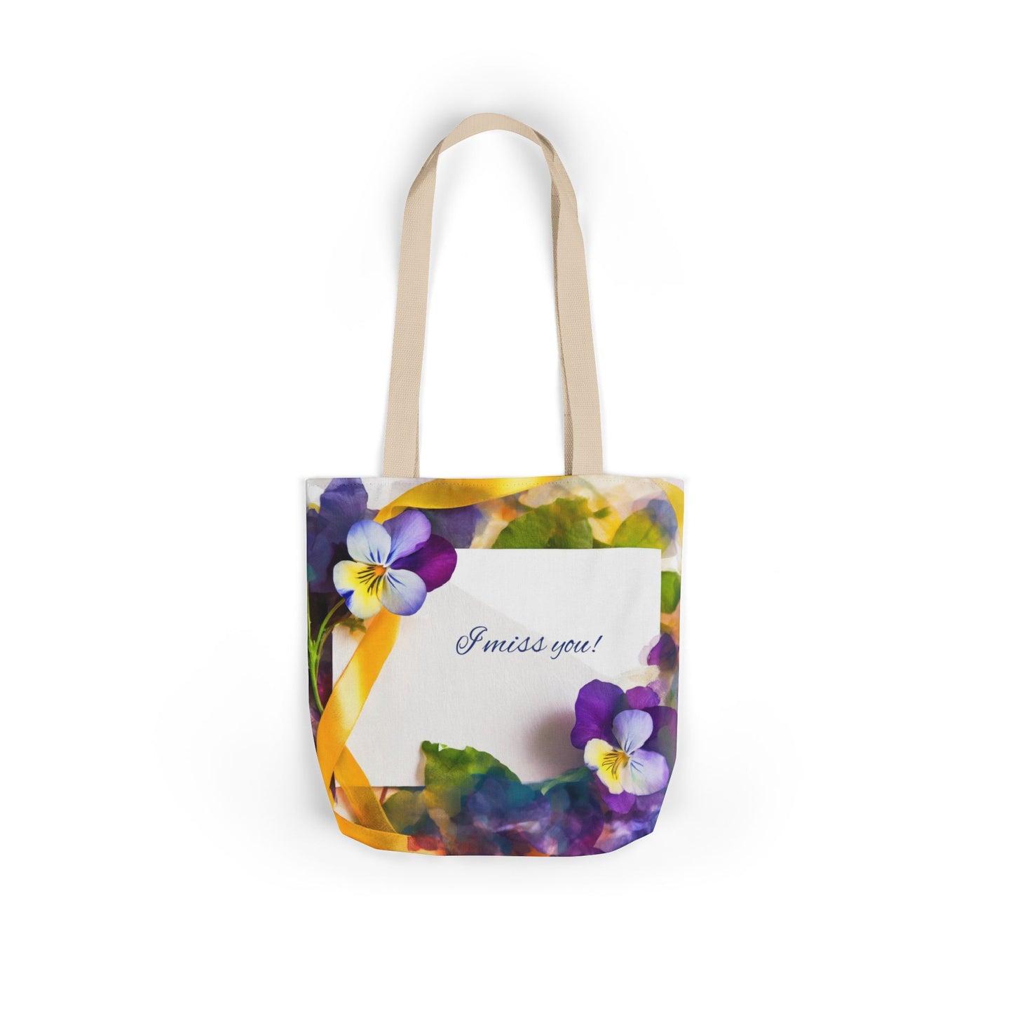 Floral Canvas Tote Bag: Pansies & 'I Miss You' Note