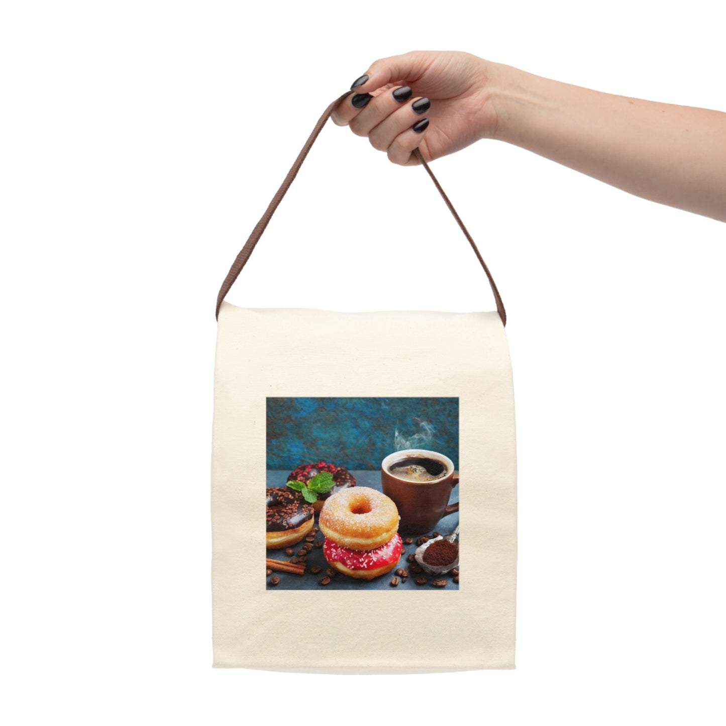 Coffee With Donuts Print Cotton Canvas Lunch Bag With Strap