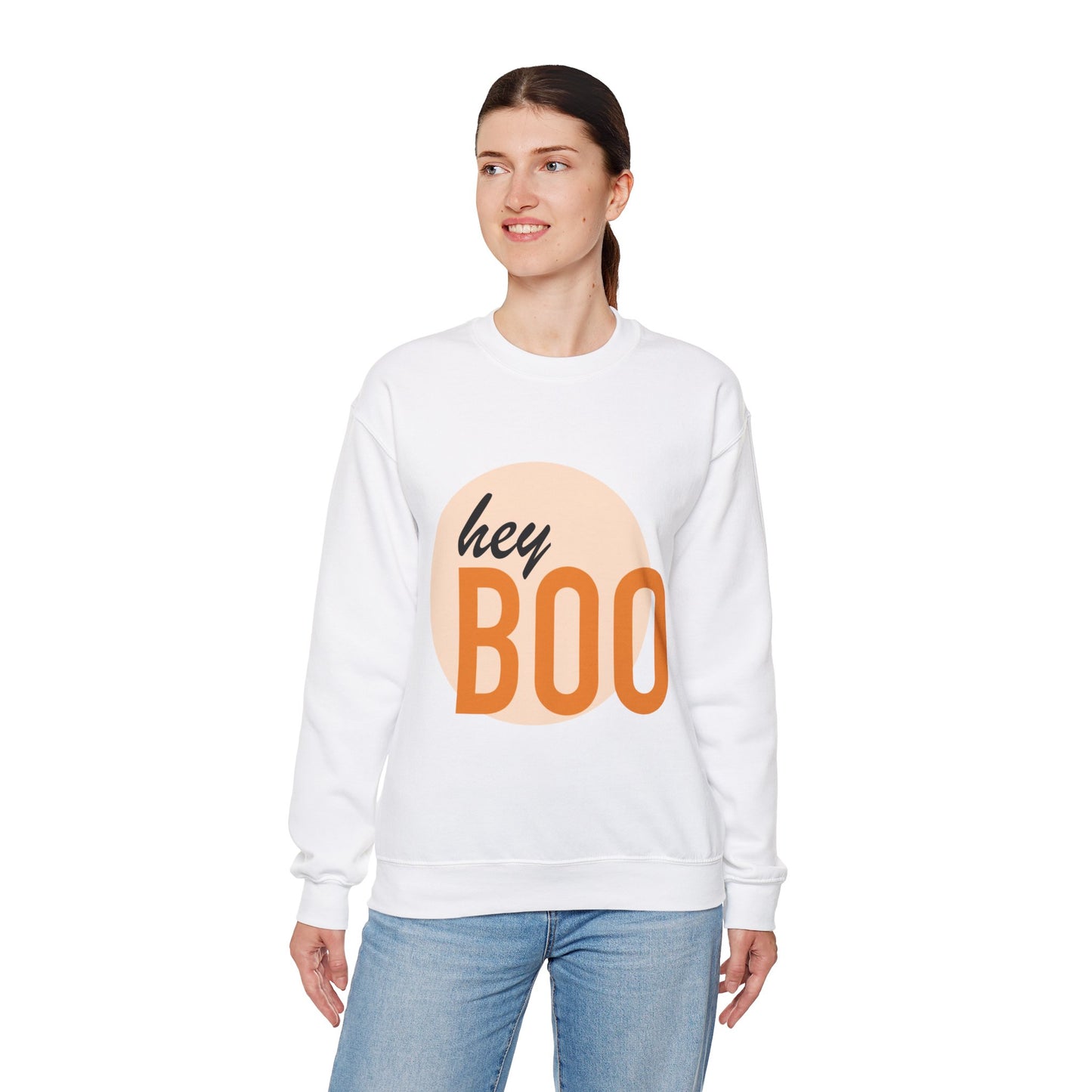 Hey Boo Halloween Print Chic Unisex Heavy Blend™ Crewneck Sweatshirt