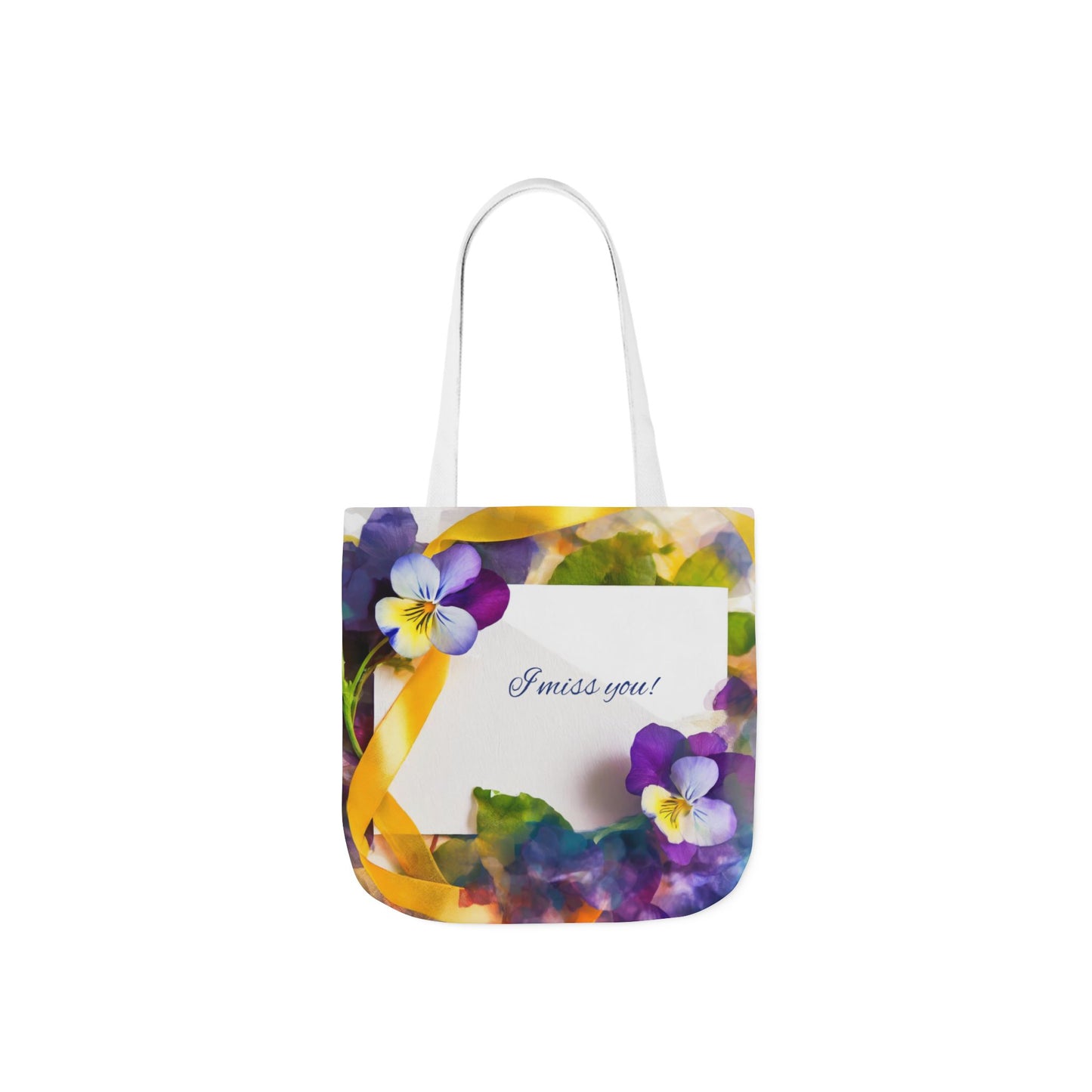 Floral Canvas Tote Bag: Pansies & 'I Miss You' Note