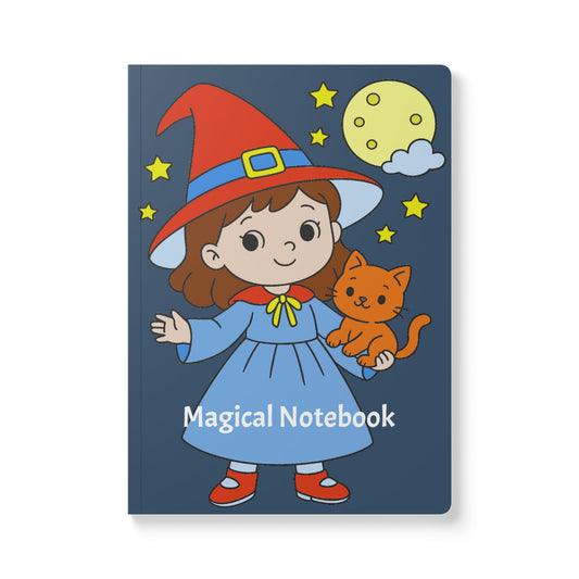 Notebook with a cartoon witch holding a cat against a night sky with stars and moon.