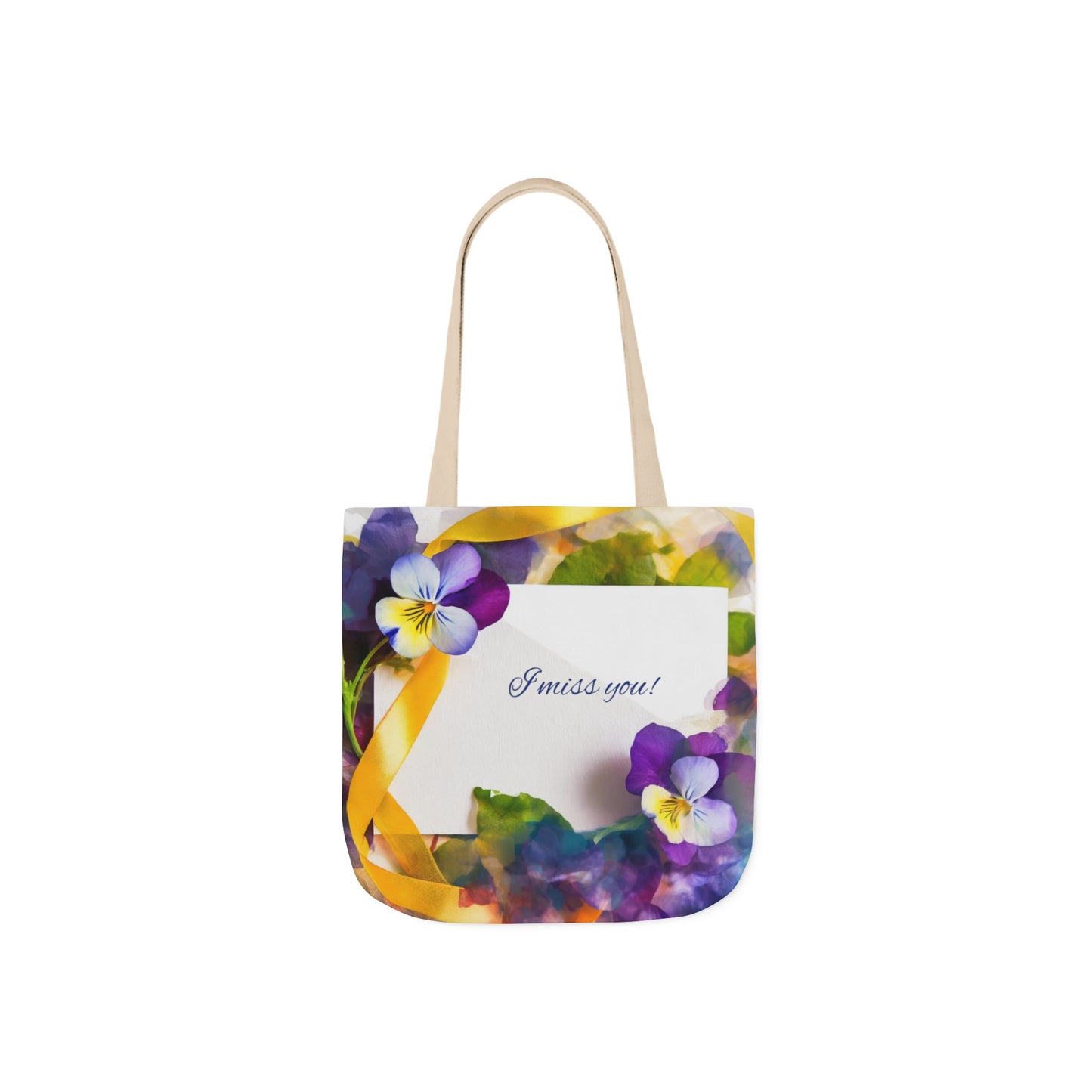 Floral Canvas Tote Bag: Pansies & 'I Miss You' Note