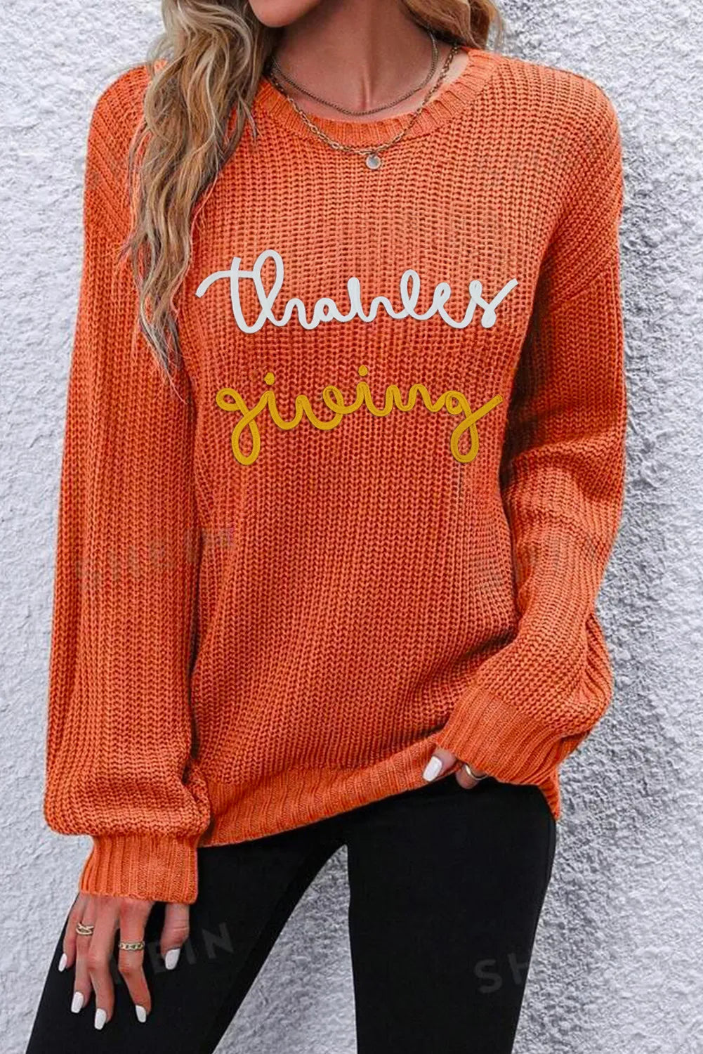 THANKSGIVING Orange Round Neck Long Sleeve Sweater